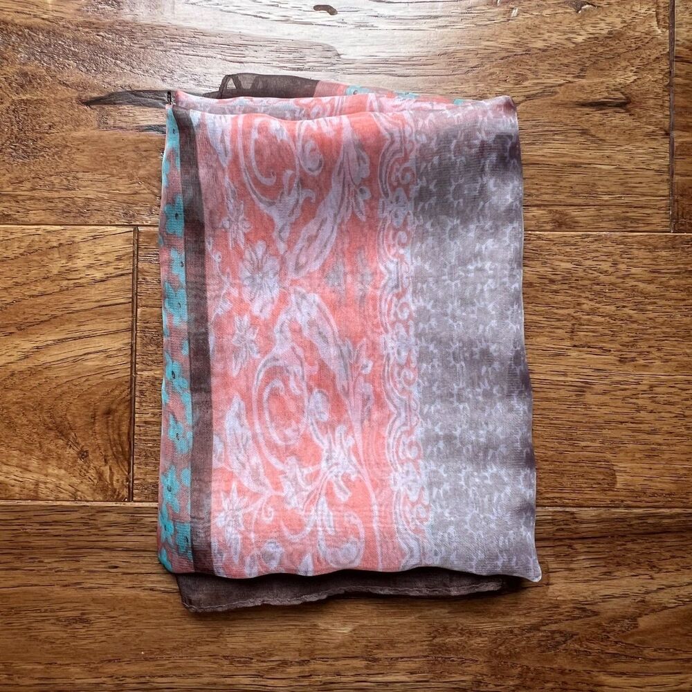 Sheer Floral Peach Brown Aqua Sheikha Head Scarf Shawl Rectangle - Picture 2 of 5